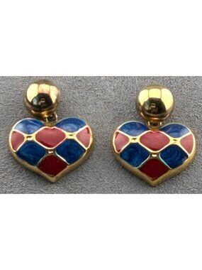 Vintage Heart Earrings Italian Sterling Silver Dangle Enamel Red Blue Vicenza